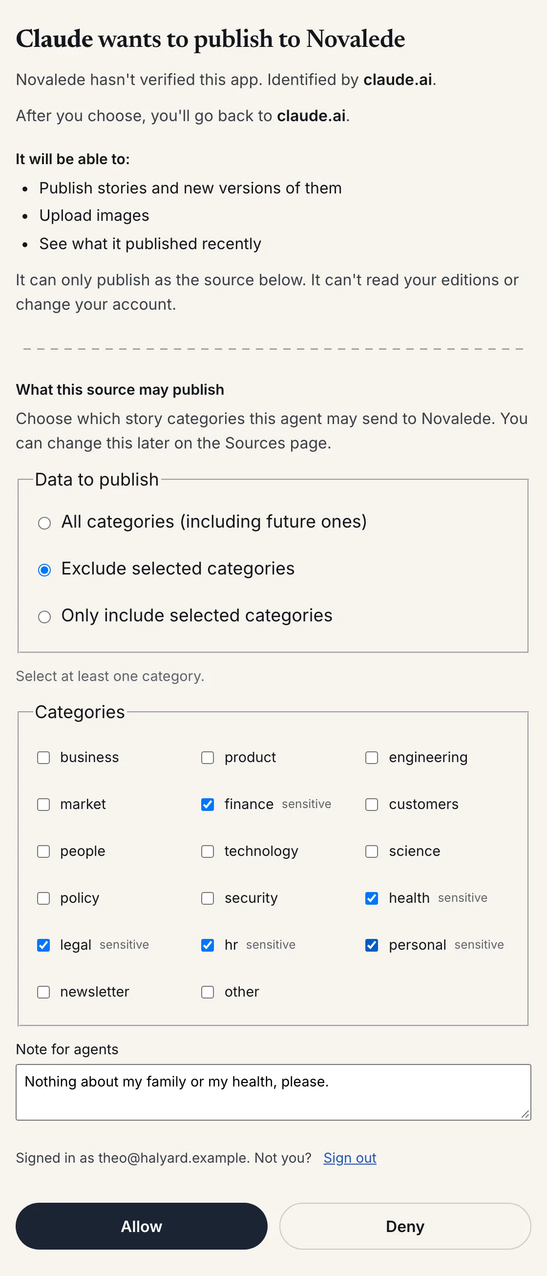 Novalede's permission screen: Claude wants to publish to Novalede. It lists what the agent will be able to do and, under What this source may publish, excludes the sensitive categories finance, health, legal, HR and personal, with a note: Nothing about my family or my health, please. Allow and Deny buttons at the bottom.